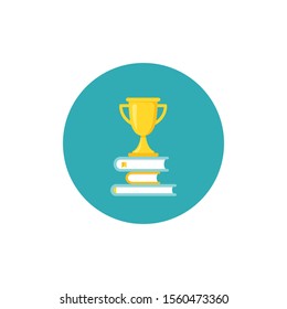 stack of books with gold trophy or winning cup in blue circle. Study icon isolated on white background. Flat reading icon. Vector illustration. Education logo. Knowledge pictogram.