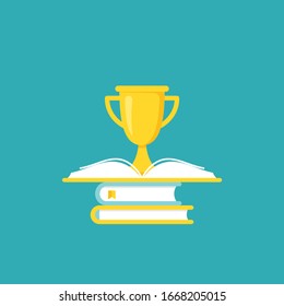 stack of books with gold trophy or winning cup.  Isolated on powder blue background. Flat reading icon. Vector illustration. Education logo. Knowledge pictogram.