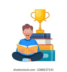 Stack of books with golden cup trophy. Reading, literature, encyclopedia. Boy sitting near the stack of books and reading book. Genius kid. Knowledge, creativity, discoveries. Vector illustration