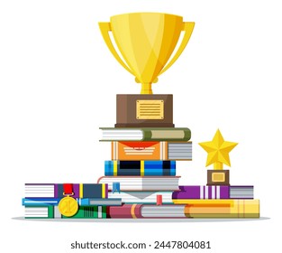 Stack of books with golden cup trophy and medal. Academic and school knowledge, business education and graduation. Reading, e-book, literature, encyclopedia. Vector illustration in flat style