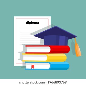 Stack of books and graduate cap multicolored icon. Vector illustration in flat style.