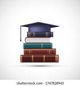 Stack of books with a graduate cap on top. Isolated on a white background. Vector icon.