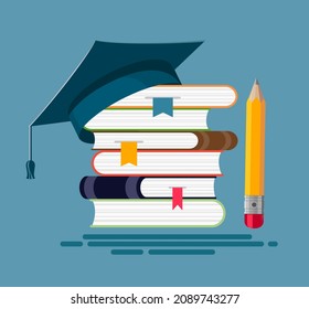 Stack of books with a graduate hat on top. Vector illustration in flat graphic style.