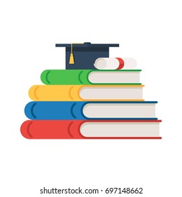 Stack of books with graduation cap and diploma roll on the top. Education concept background. Back to school. Vector illustration in flat style isolated on white background