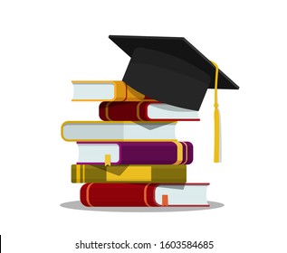 Stack of books, graduation cap. Education concept. Graduation hat on pile of book on isolated background. Success learning of school. Flat literature of library, dictionary, novel. vector illustration