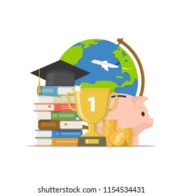 Stack of books, graduation cap, globe, piggy bank, gold cup and pile coins isolated white background. Back to school, graduation, scholarship concept. Invest in education. Vector illustration.