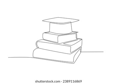 A stack of books and a graduation cap. International day of education one-line drawing