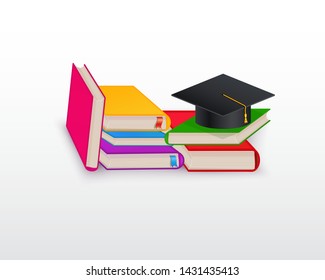 Stack of books with graduation cap isolated on white background. Flat design element for back to school, e-learning, online education, bookstore, banner, poster or promotion.