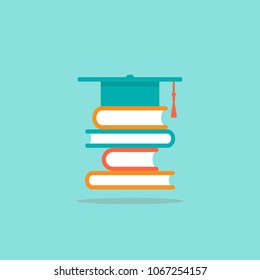 stack of books with graduation cap or mortar board.  Isolated on powder blue background. Flat reading icon. Vector illustration. Education logo. Knowledge pictogram.