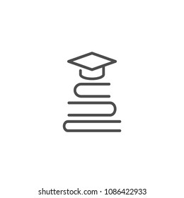 stack of books with graduation cap or mortar board.  line icon isolated on powder blue background. Flat reading icon. Vector illustration. Education logo. Knowledge pictogram.