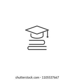 stack of books with graduation cap or mortar board. line icon Isolated on white. Flat reading icon. Vector illustration. Education logo. Knowledge pictogram.