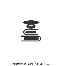 stack of books with graduation cap or mortar board.  black icon isolated on white background. Flat reading icon. Vector illustration. Education logo. Knowledge pictogram.