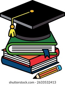 Uma pilha de livros com um teto de graduação no topo