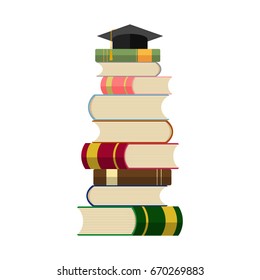 Stack of books with graduation cap on the top. Education concept background