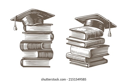 Stack Of Books With Graduation Cap Sketch. Studying In College, School Concept. Vintage Vector Illustration