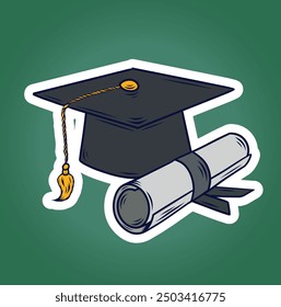 Stack of books with graduation cap sketch. Studying in college, school concept. Vintage vector illustration