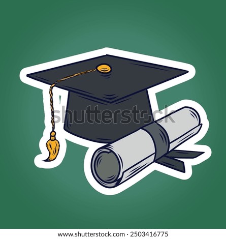 Stack of books with graduation cap sketch. Studying in college, school concept. Vintage vector illustration