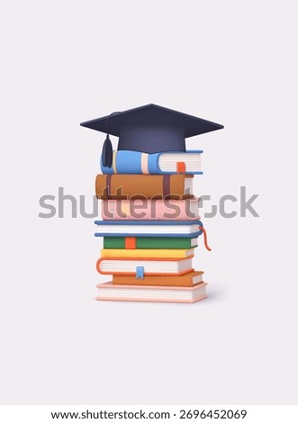 Stack of books with graduation cap symbolizing education, knowledge and academic success. 3D Vector Web Illustration.