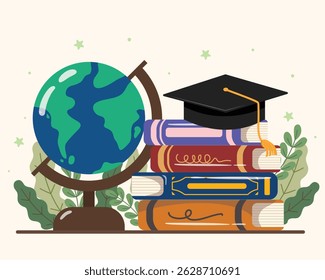 Stack of books with graduation hat, back to school concept. Education and knowledge vector concept.