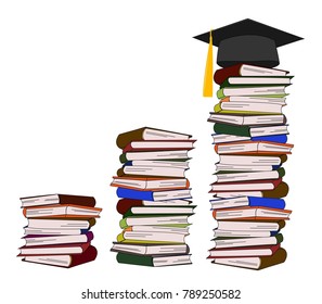 Stack of books with graduation hat. Hard work to reach graduation