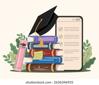 Stack of books with graduation hat and mobile app for check list, Education and knowledge vector concept.