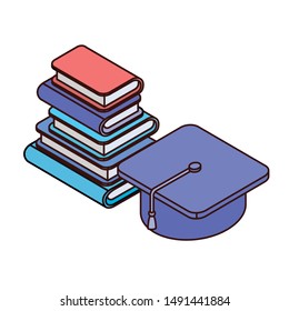 stack of books with graduation hat on white background