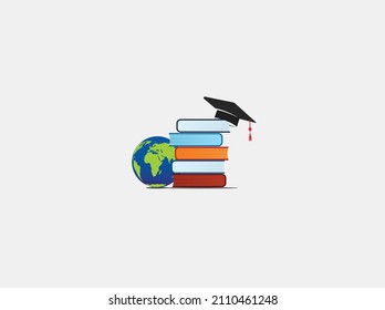 Stack of books and graduation hat on top as symbol of studying and knowledge. educational concept. vector illustrations.