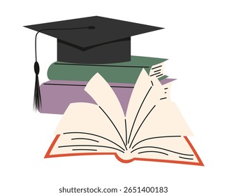 Stack of books with Graduation hat for students. Vector Minimalist books 
