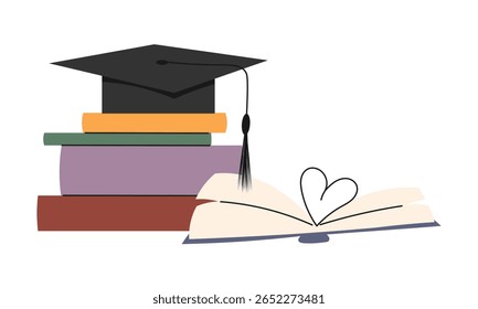 Stack of books with Graduation hat for students. Minimalist closed books 