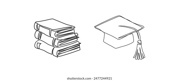 Pila de libros, tapa de graduación de dibujo continuo de una línea, elemento de arte de una sola línea, Ilustración vectorial de línea de boceto minimalista, concepto de regreso a la escuela