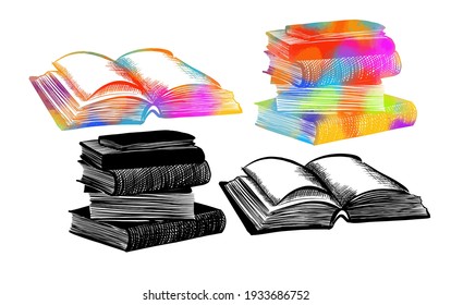 Stack of books, graphic. Open book. Vector illustration.