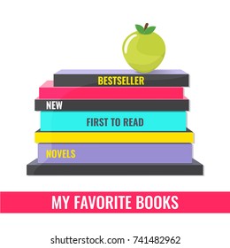 Stack of books and green apple on the top. My favorite books concept. Vector illustration