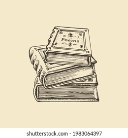 Una pila de libros, ilustración dibujada a mano. Esbozo gráfico vectorial de volúmenes de literatura.