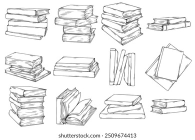 Stack of Books, Hand drawn Line Sketch Illustration Bundle