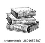 Stack of books hand drawn vector illustration in vintage engraved sketch outline style. Old ancient folio. Textbooks in pile. Education concept. Hand drawn sketch vector drawing isolated