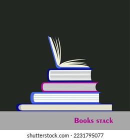 Stack of books in hardback with colorful covers and open book in top. Vector reading, education, teaching, learning design element isolated on white