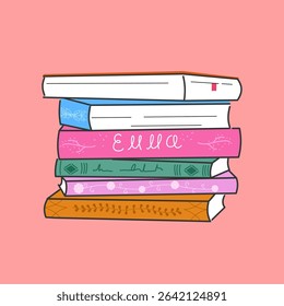 stack of books in hardcover. Romantic vintage books, bestsellers and novels, library  and textbooks, pile of books. Literature and book lovers illustration