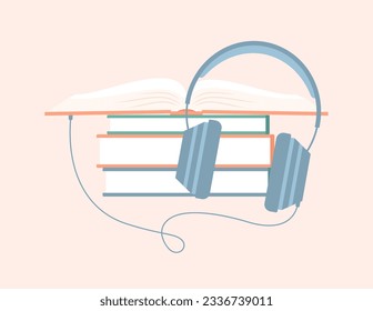 A stack of books and headphones connected to an open book. Listening to audiobooks. Flat vector illustration