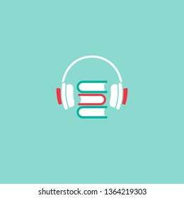 stack of books with headphones or headset on powder blue background. Flat vector illustration. Internet education online logo. Study, learn online concept. Listen audio book.