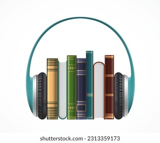 Stack of books with headphones isolated on white background. Vector illustration