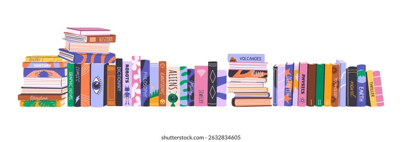 Pilha de livros. Coleção de bibliotecas domésticas com literatura educacional, romances, livros de histórias, enciclopédias para voltar à escola, bibliotecas, feiras de livros ou dia mundial do livro. Ilustração horizontal em branco.