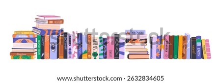 Stack of books. Home library collection with educational literature, novels, storybooks, encyclopedias for back to school, libraries, book fairs or world book day. Horizontal illustration on white.