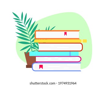 Stack of books with home plant flat vector illustration