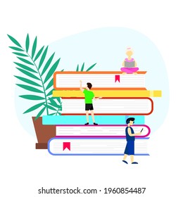 Stack of books with home plant. Small peoples. Flat style. Vector illustration