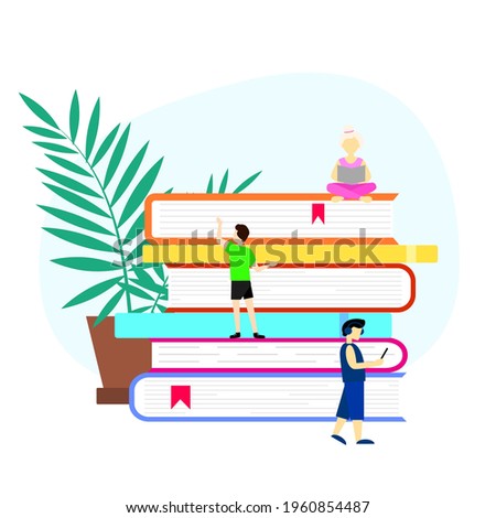 Stack of books with home plant. Small peoples. Flat style. Vector illustration