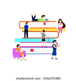 Stack of books with home plants. Small faceless peoples. Flat style. Library and education design. Vector illustration