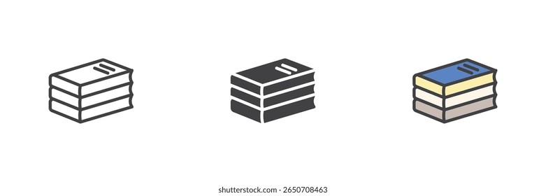 Stack of books in a horizontal layout icon set. Includes outline, solid and colorful filled outline versions. Reading and study vector book icon pack.