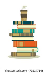 Stack of books with hot coffee. Books stack with paper coffee cup isolated on white background. Reading time vector illustration.