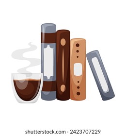 Stack of books with hot cup of coffee, vertical books isolated on a white background. Cartoon educational vector illustration for reading lovers, library, book store, study, sticker. World book day.