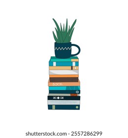 A stack of books and a houseplant. A cozy scene with a potted plant on top of the book pile. Vector illustration.